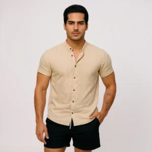 Camisa Gola Padre Social Masculina Manga Curta Linho
